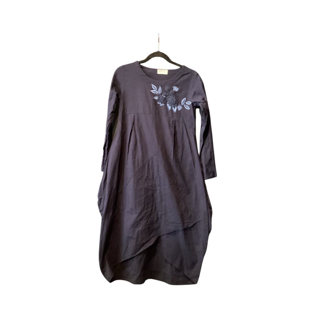 Bombay Paisley long sleeve linen cotton barrel midi Dress Prairie Lagenlook XS